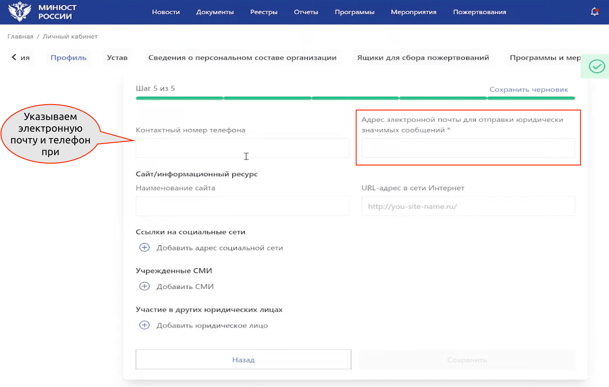 Как разместить устав НКО на сайте Минюста – Указываем электронную почту и телефон
