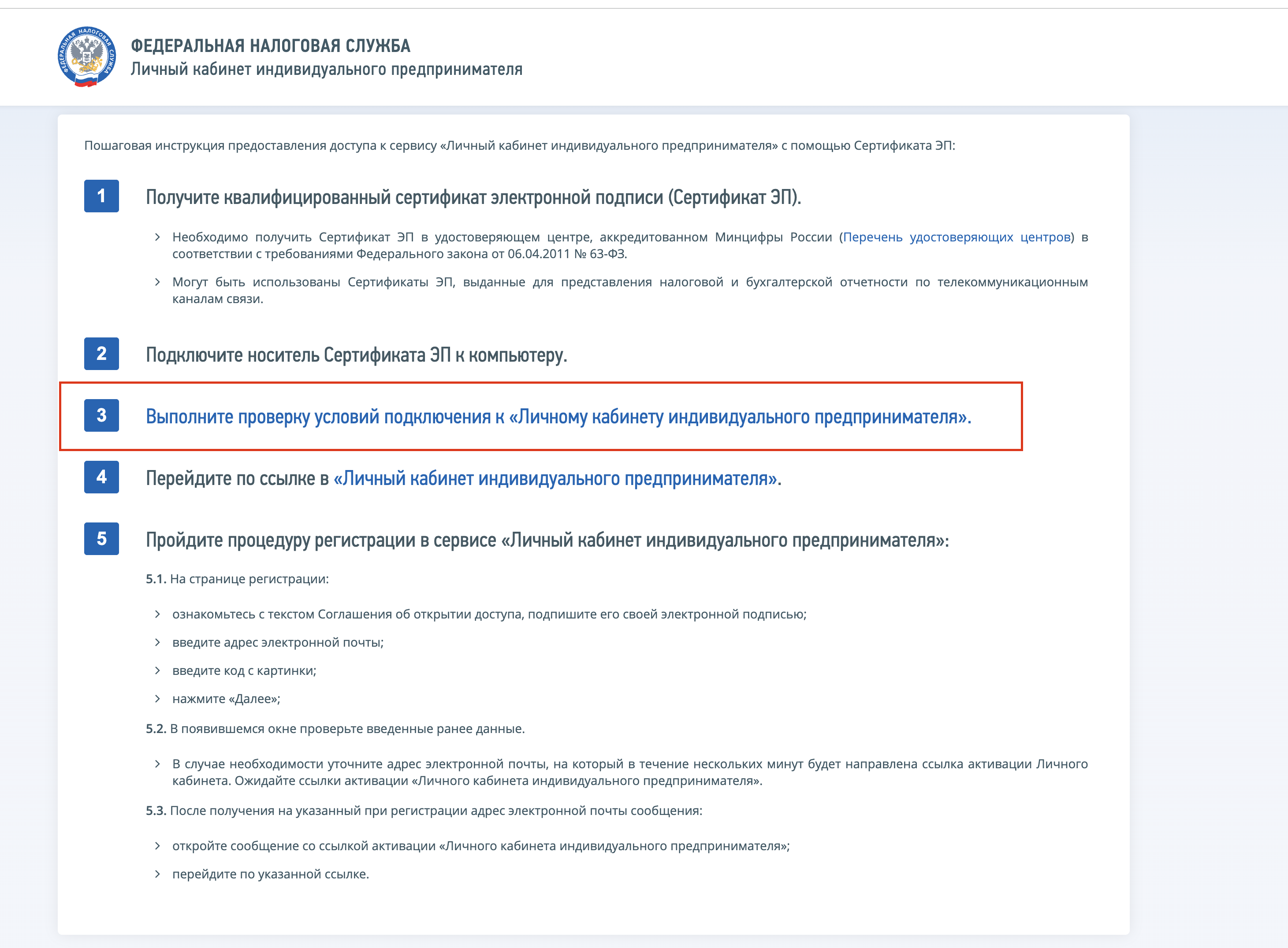 Выполните проверку условий подключения к Личному кабинету индивидуального предпринимателя.