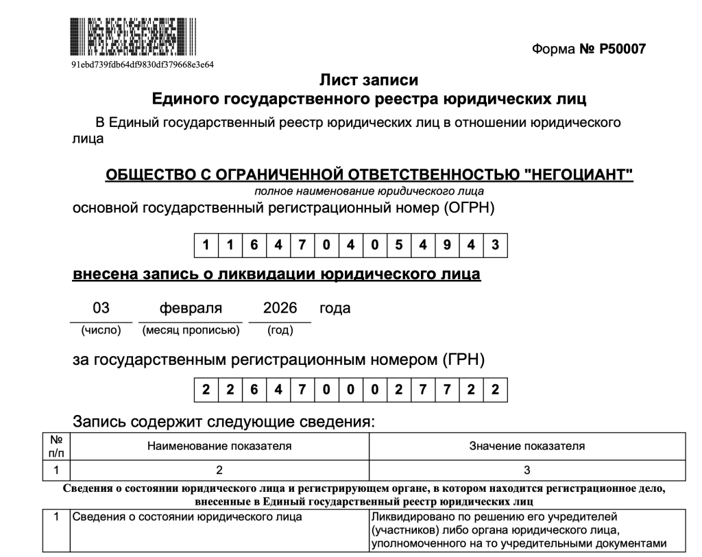 Лист записи ЕГРЮЛ о ликвидации ООО «НЕГОЦИАНТ», ИНН 4703144476