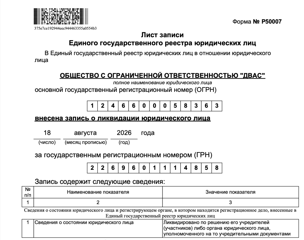 Лист записи ЕГРЮЛ о ликвидации ООО «ДВАС», ИНН 6670527227