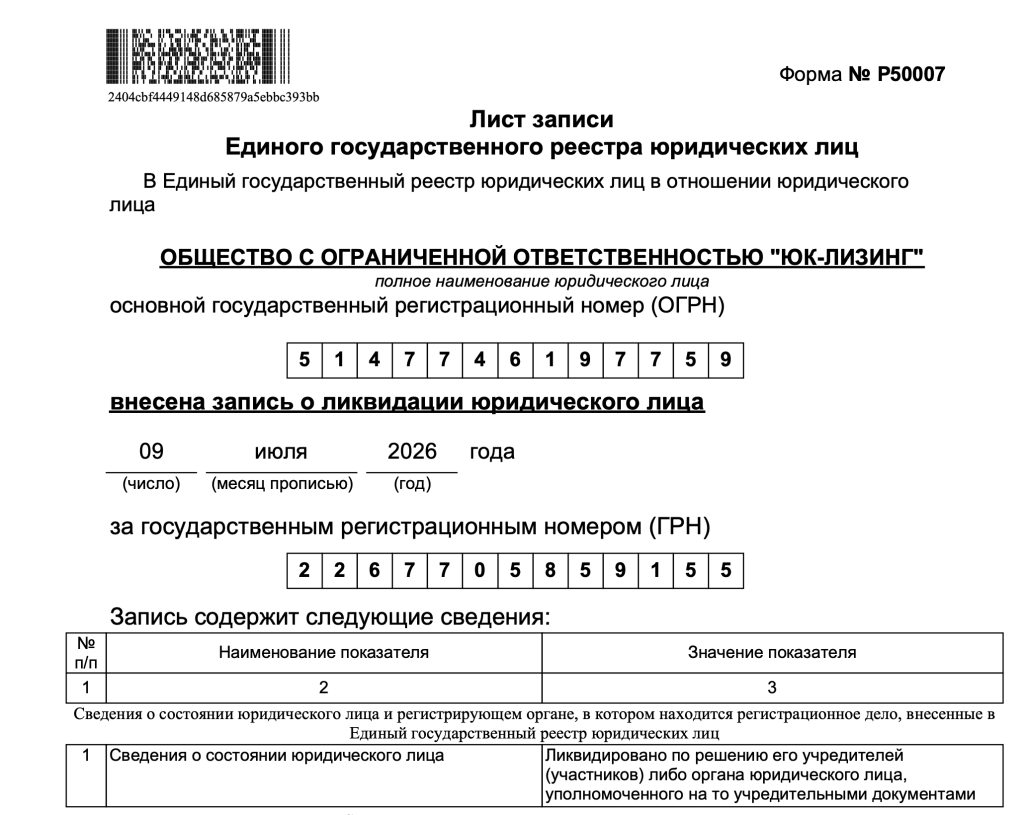 Лист записи ЕГРЮЛ о ликвидации ООО «ЮК-ЛИЗИНГ», ИНН 7709964537