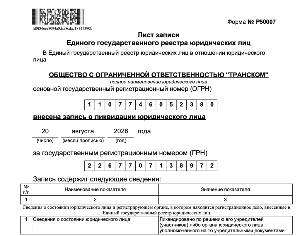 Лист записи ЕГРЮЛ о ликвидации ООО «ТРАНСКОМ», ИНН 7715794361